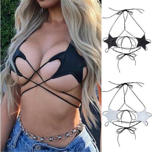 2019 New Women Summer Sexy Gothic Punk Leather Black Star Bra Bustier Top Simple Hanging Neck Tank Casual Women Bras Tops