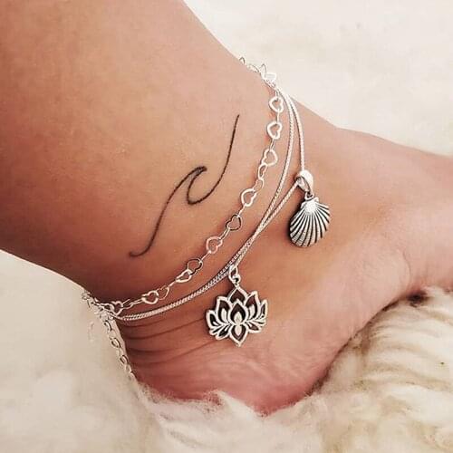 2Pcs/set Cute Lotus Conch Heart Chain Anklets Fashion Female Multi-layer Flower Shell Hearts Ankle Bracelets Female Foot Jewelry