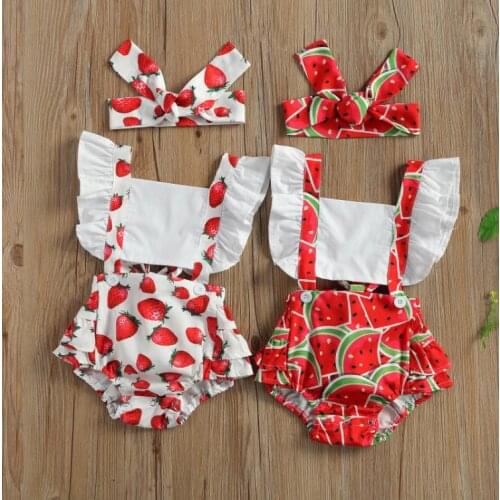 Summer Kids Baby Fruit Printing Bodysuits Baby Girl Square Collar Flying Sleeve Bodysuit Headband Sunsuits Set