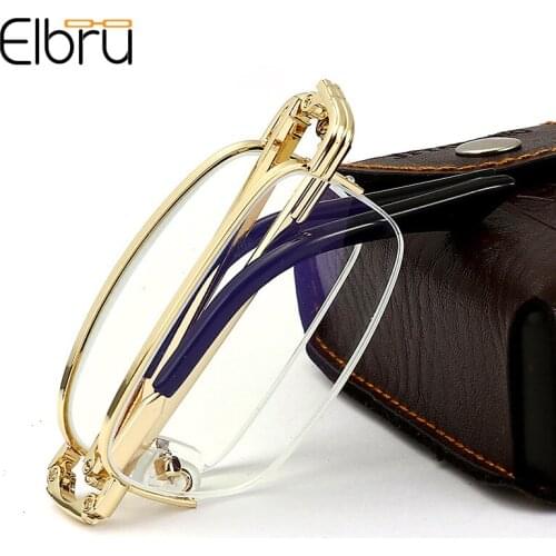 Elbru Vintage Fashion Metal Foldable Reading Glasses Men Women PortableAnti Blue Light Presbyopia Eyeglasses Diopters +1.0 +4.0