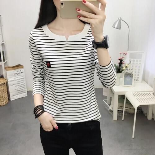 T Shirt Women Long Sleeve Tshirt 2021 Spring White Black Striped Womens Tops Casual T-Shirts Plus Size Tee Shirt Femme