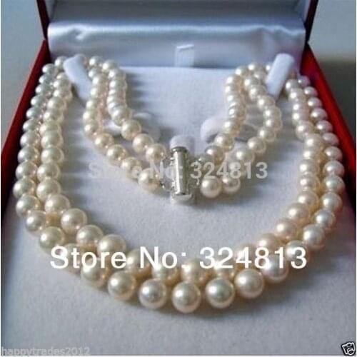 Hot sale 2 row 8-9 MM AKOYA SALTWATER PEARL NECKLACE Genuine 18inch Wedding women Jewelry Free shippingCZ Luxury Ms. girl