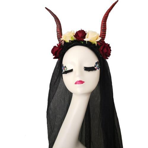 Halloween Rose Floral Headband Cosplay Prop Veil Headwear Red Sheep Horn Hairband Gothic Party Headdress