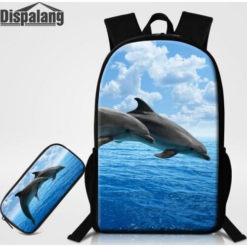 2PCS School Bags Set With Pencil Case Dolphin Animal Printing Backpack For Girls Boys Big Bookbag DIY Hot Press Bagpack Penbox