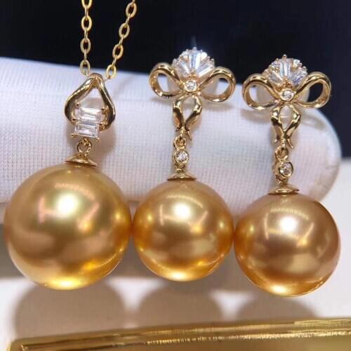 D919 Pearl Set Fine Jewelry Solid 18K Gold Round 9-12mm Nature Salt Sea Water Golden Pearls Jewelry Sets for Women Presents