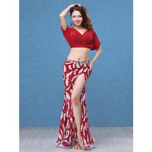 Adult Belly Dancing Costumes Girls Dancing Costumes Top Skirt Female Belly Dance Wear Lace Print Costume Dance Suit D-0699