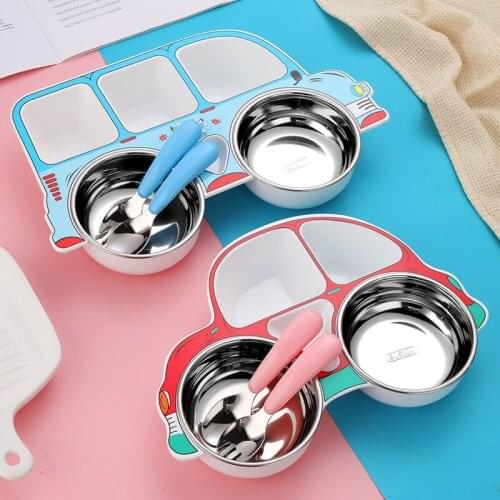 Children Tableware Set Stainless Steel Dishes Baby Feeding Plate Spoon Fork Cute Cartoon Car Shape Bowl