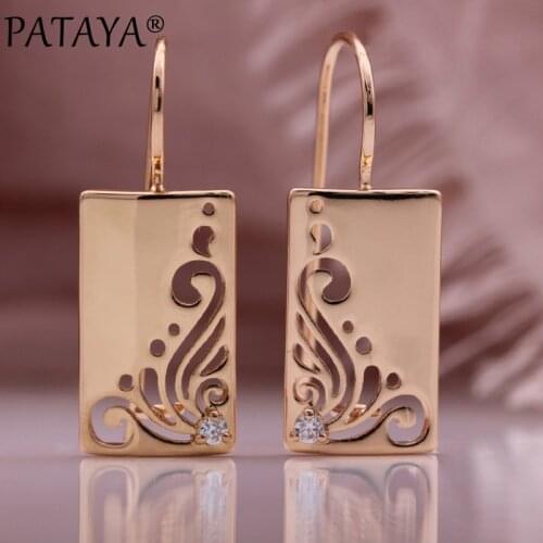 PATAYA New Square Glossy Long Hollow Drop Earrings Women Fine Gift Fashion Jewelry 585 Rose Gold Natural Zircon Unusual Earrings