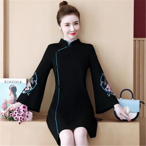 Plus size dress 2020 spring new fashion stand-up collar long-sleeved Chinese style was thin temperament dress