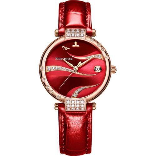 Reef Tiger/RT Luxury Fashion Automatic Diamonds Rose Gold Case Women Watch Day Red Dial Analog Leather Strap RGA1589