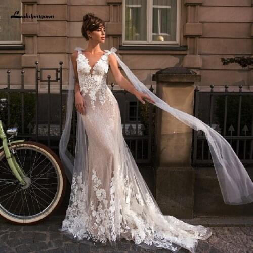 Luxury Lace Mermaid Wedding Dress Champagne 2020 Vintage Bridal Gowns V Neck Backless Tulle Wedding Gowns Abito da Sposa