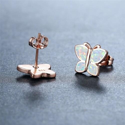 Rose Gold Silver Color Bridal Earrings Female Cute Small Butterfly Stud Earrings White Blue Opal Stone Animal Earrings For Women