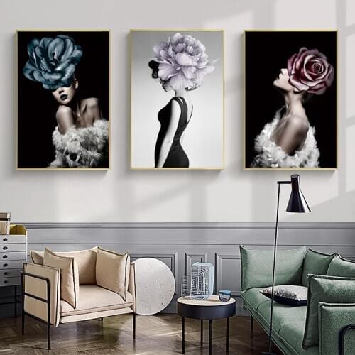 Nordic Sexy Girls Flower Art Canvas Painting Abstract Nude Women Feather Figure Wall Posters and Prints Pictures for Room Decor