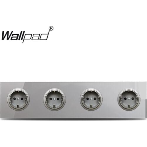 Wallpad L6 Grey Quadruple 4 Way German EU Plug Schuko Power Outlet Wall Socket with Tempered Glass Panel 344*86mm 4 Port 4 Gang