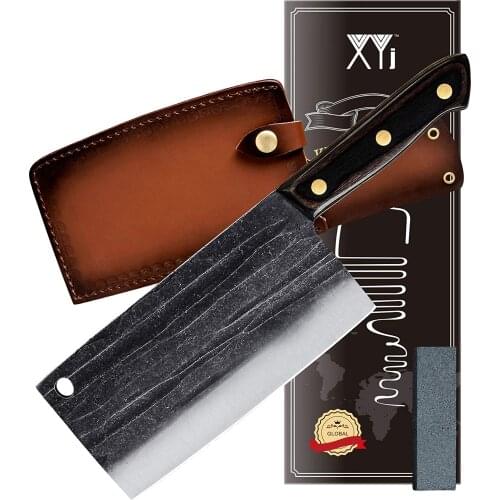 XYJ Full Tang 7-inch Cleaver Kitchen Knife Forged Stainless Steel Vegetable Chinese Chefs Knives With Leather Sheath&Whetstone