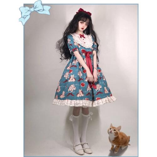 Japanese Sweet Kawaii Lolita Dress Gray-green Wish Cat Lolita Cat Vintage Victorian Gothic Bow Princess Tea Party Dresses