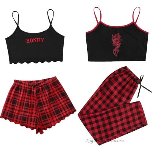 Women Print Fashion Pajama Sets Sexy Sling Dragon Animal Print Plaid Sleepwear Lingerie Underwear Homewear Summer Pyjama Femme