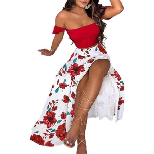 Women Dresses Outfit Set Feather Print Off Shoulder Tube Top High Slit Hem Long Skirt for Summer Womens Clothing 2021