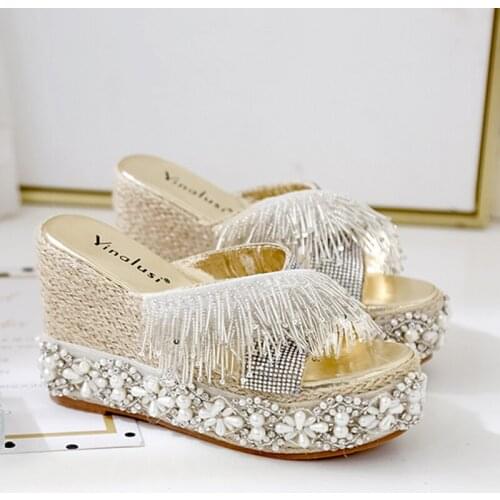 Summer new exquisite pearl rhinestone wedges ladies slippers fashion super high heel platform wedding shoes