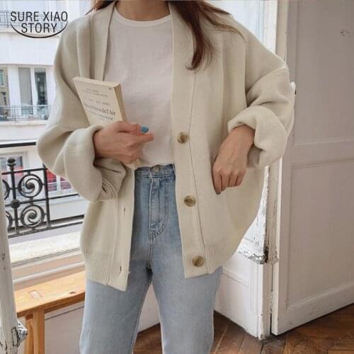 2021 Winter Fashion Women V-Neck Cardigan Autumn Chic Knitted Loose Top Oversized Thick Sweater Casual All-match Warm Coat 17071