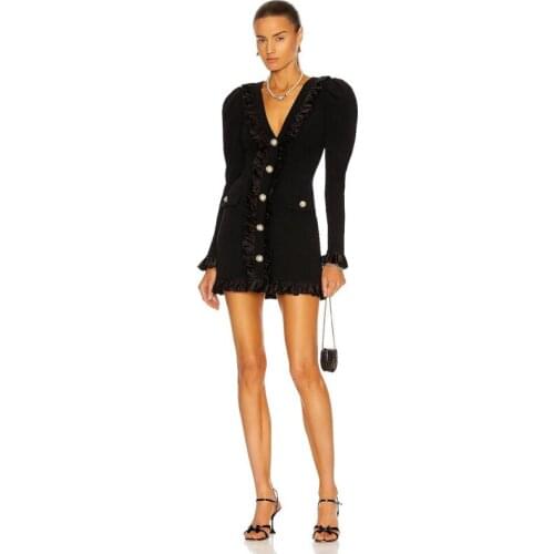 Wholesale Womens Black V-Neck Long Sleeve Repair Waist Mini Sexy Club Suit Europe Celebrity Cocktail Party Dress