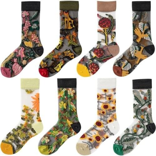 1 Pair /Pack Summer Ultra-thin Crystal Transparent Flower Designer Socks Women Crew Cass Glass Fiber Silk Fashion Ankle Socks