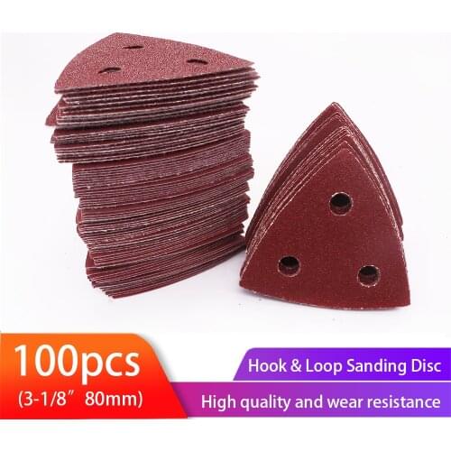 100pcs Triangular Sandpaper 3 Holes Hook&Loop Triangle Sanding Discs Fit 3-1/8" Oscillating Multi Tool Sanding Pad 60-400 Grit