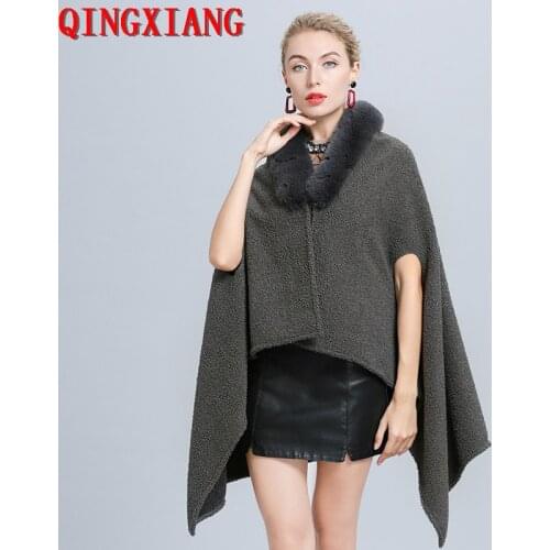 2020 New Hole Sleeves Streetwear Women Grey Cloak Granular Velvet Capes Faux Fox Fur Neck Cardigan Warm Big Pendulum Loose Coat