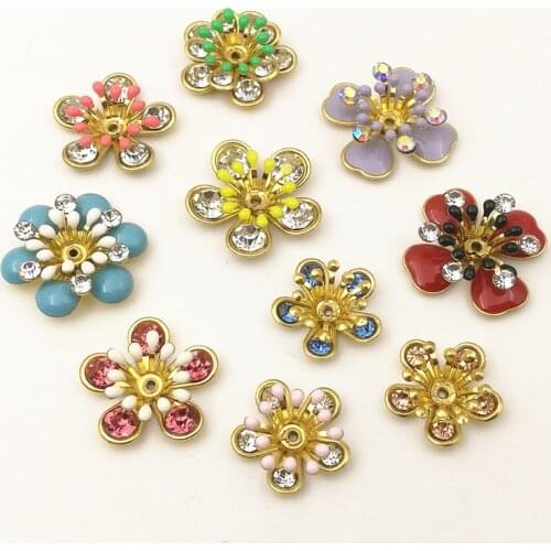 SIXTY TOWFISH 5 Pieces Shiny Oil Drop Copper Flower Rhinestone Spacer Beads End Caps Pendant DIY Accessories Charms Connectors