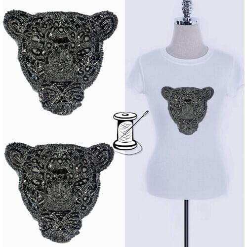 Biker Patches for clothing Women 285mm Leopard head Black Sequined Fabric Sequins Strange thingst Patch T-shirt Clothes Stickers