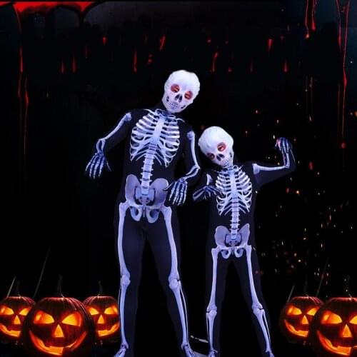 Halloween White Skeleton Long Sleeves Jumpsuit Cosplay Scary Tight Bodysuit Adult Parent-Child Horror Game Costume Funny Style