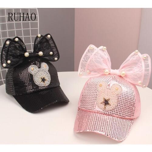 MAERSHEI Snapback Children Baseball Cap Summer Girls Cute Baby Mesh cap Hip Hop Caps Rabbit Ear Pearl Big Bow Kids Sun Hat