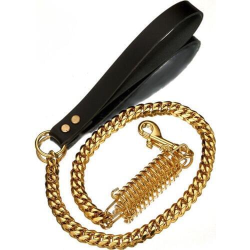 Large Gold Dog Leash,15mm Stainless Steel Strong Firm Dog Training Leashes Accessory Curb Cuban Link Miami Chain With Spring