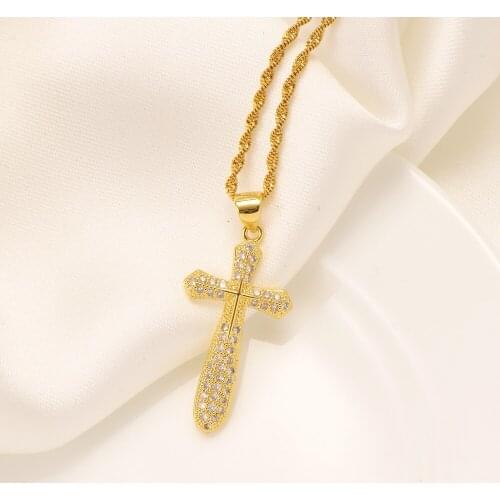 Cross Pendant 9k Fine Solid Yellow Gold 18ct THAI BAHT G/F Chain Crystal Gem Necklace Men Wome