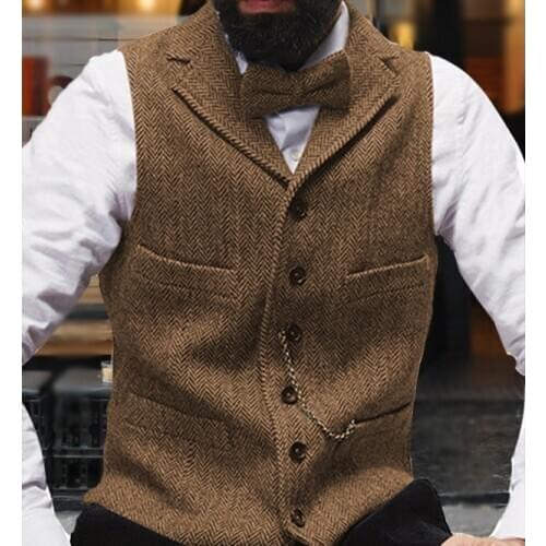 Brown/Blue/Green/Black Formal Tweed Waistcoat/Vest Wool Herringbone Vintage Notched Collar Sleeveless Jacket Gilet Prom