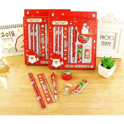 One Set Christmas Theme Kindergarten Festival Gift Prize Kids HB Wood Pencil Ruler Sharpener Eraser School Stationery Gift Set