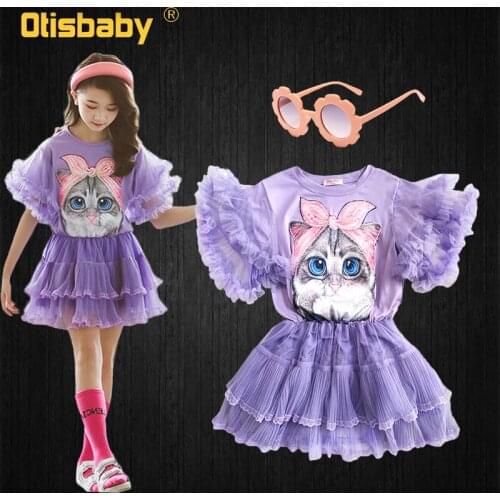 Fashion Summer Girl Cute Cat Flare Sleeves Ruffle Princess Mini Tulle Dress for Kids Casual Birthday Party Childrens Clothing