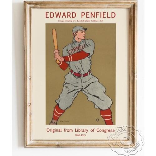 Edward Penfield Exhibition Museum Poster, Vintage Drawing Baseball Player Holding A Bat Wall Stickers, ballgame Wall Art Decor