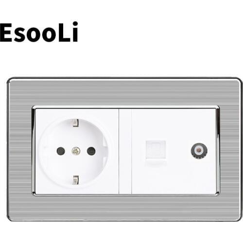 Esooli EU Standard Wall Socket+Female TV Jack With Internet Computer Data RJ45 CAT6E Connector Stainless Steel Brushed Pane