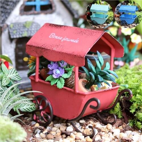 FairyCome Fairy Garden Miniatures Wagon with Shed Vintage Metal Craft Wheelbarrow Cart Flower Pot Miniature Garden Ornaments