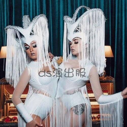 Nightclub Female Singer Sexy White Fringe Suit Headwear Tassel Stage Costumes Women Jazz Pole Dancing Bikini Clothing DWY5415