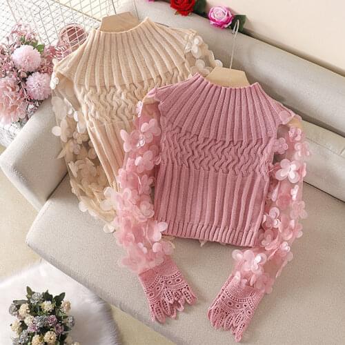 Lady Three-Dimensional Flower Tight-Fitting Pullover Tops Spring Women Short Knitwear Mesh Long Sleeve Patchwork Knitted Sweater