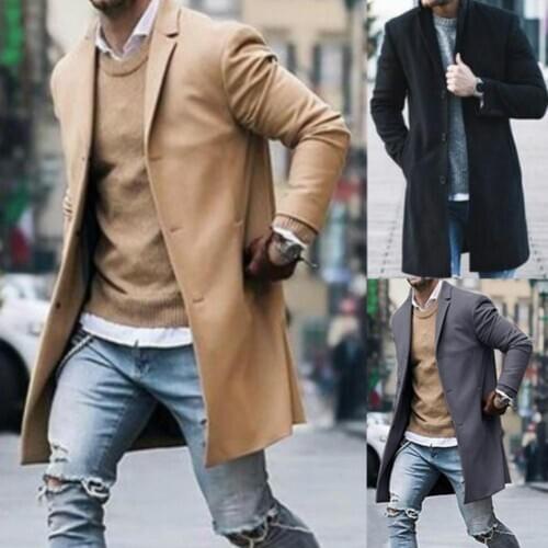 Fashion Men Trench Winter Solid Color Trench Coat Outwear Overcoat Long Sleeve Jacket