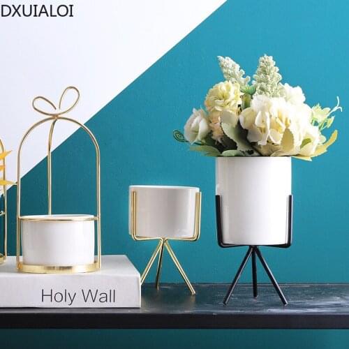 Nordic wrought iron ceramic flower pot meaty iron frame simple hydroponic flower creative desktop decoration pendulum home decor