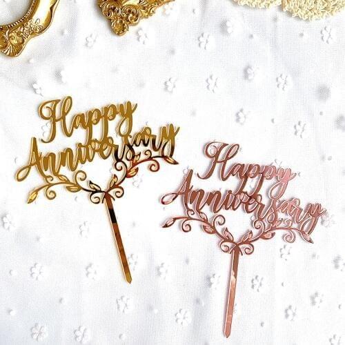 New Happy Anniversary Acrylic Cake Topper Rose Gold Mirror Acrylic Cake Toppers For Wedding Anniversary Party Cake Decorations