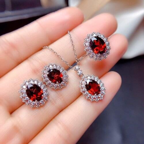 Semi Precious Ruby Jewelry Sets Full Zircon Adjustable Ring 925 Silver Chain With Dainty Red Pendant Necklace For Women Ladies