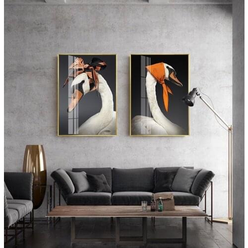 Modern Swan Wearing Head scarf Animal Posters and Prints Canvas Painting Wall Pictures for Kids Living Room Cuadros Home Decor