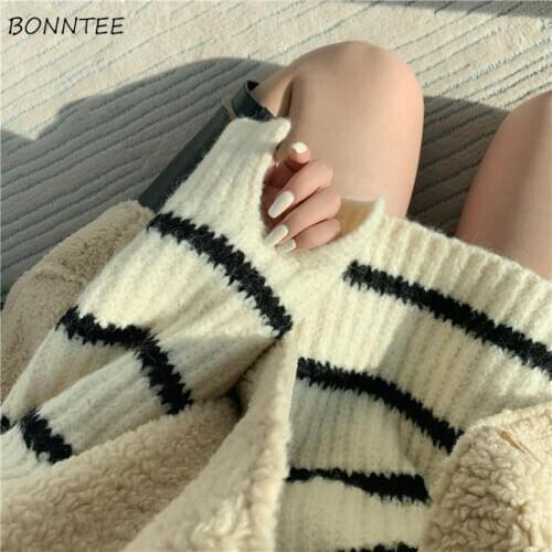 Turtleneck Sweater Women Vintage Striped Basic Loose Black Thicker Fall Warm Lady Knitted Pullover Clothing Korean Fashion Daily