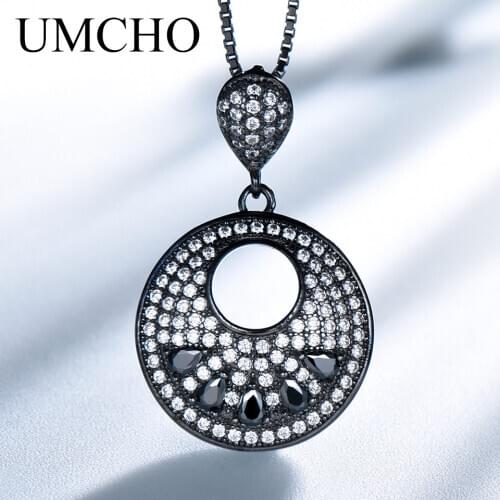 UMCHO Solid 925 Sterling Silver Pendant Necklace Vintage Black Spinel Gemstone For Women Anniversary Gift Fine Jewelry