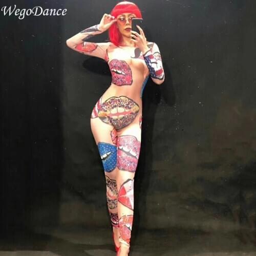 Ladys Kiss Lips Nightclubs Sexy Crystals Bodysuit Diamonds Coloful Outfit Stage Dance Women Costume Singer Birthday Wear